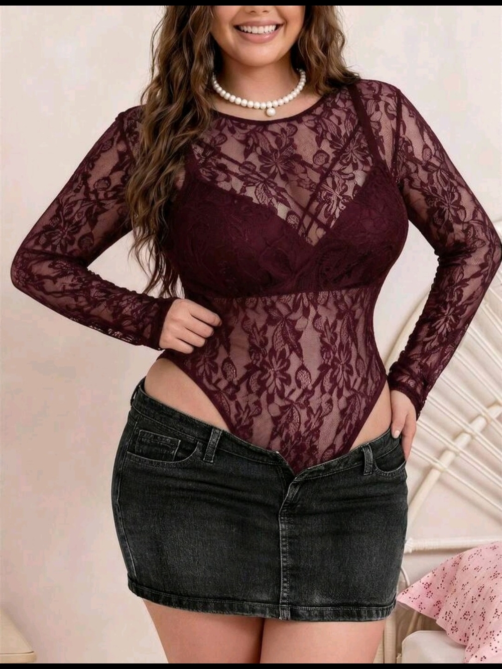 Plus Size Burgundy Lace Long-Sleeve Bodysuit